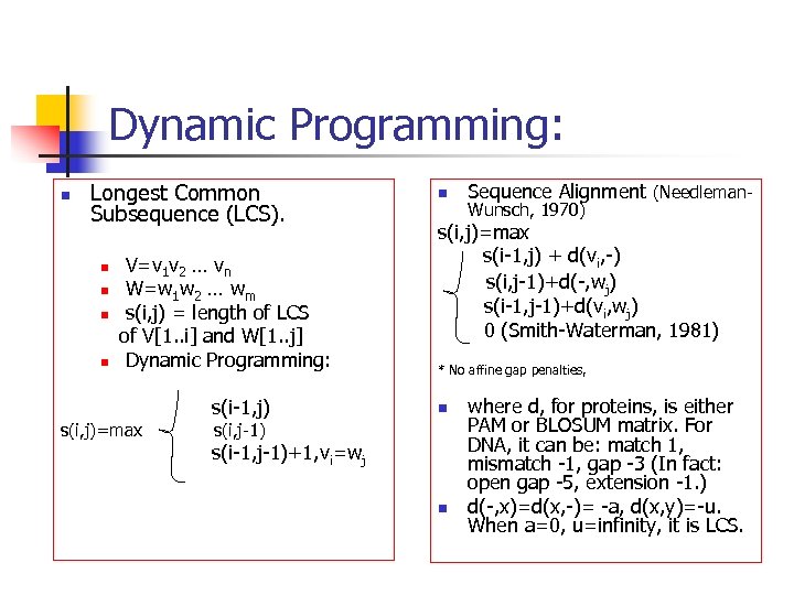 Dynamic Programming: n Longest Common Subsequence (LCS). n n V=v 1 v 2 …