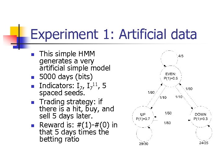 Experiment 1: Artificial data n n n This simple HMM generates a very artificial
