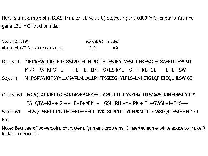 Here is an example of a BLASTP match (E-value 0) between gene 0189 in