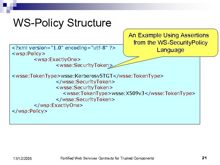 WS-Policy Structure <? xml version="1. 0" encoding="utf-8" ? > <wsp: Policy> <wsp: Exactly. One>