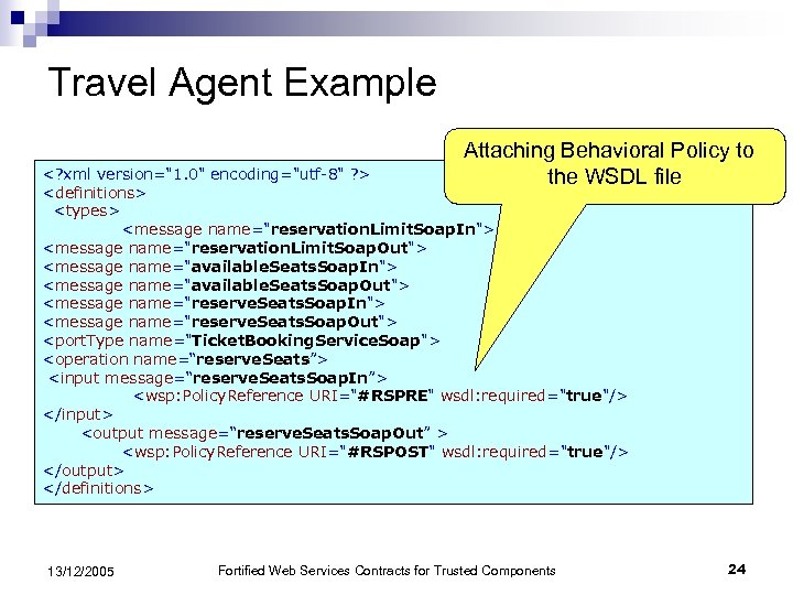 Travel Agent Example Attaching Behavioral Policy to the WSDL file <? xml version="1. 0"