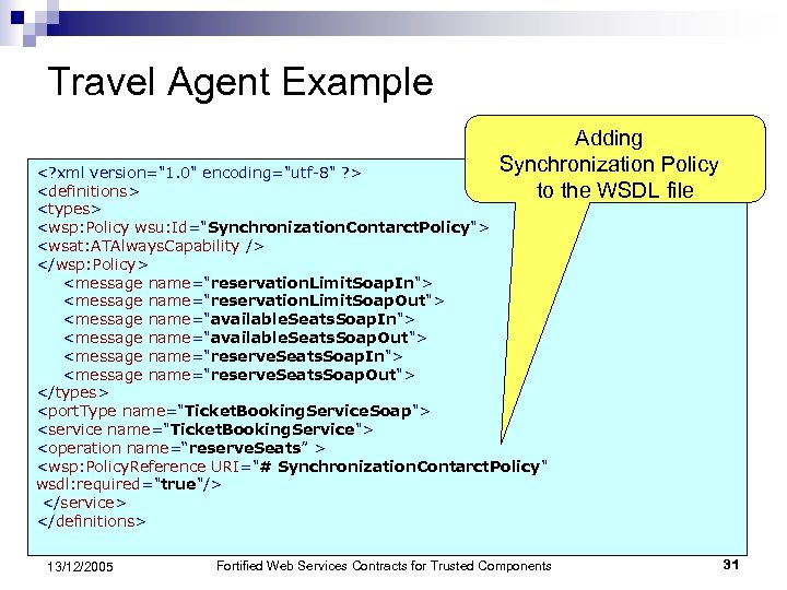 Travel Agent Example Adding Synchronization Policy to the WSDL file <? xml version="1. 0"