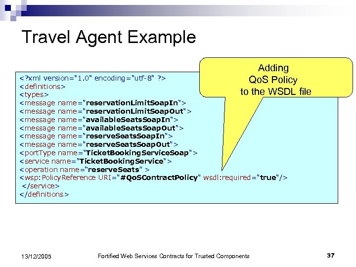 Travel Agent Example Adding Qo. S Policy to the WSDL file <? xml version="1.