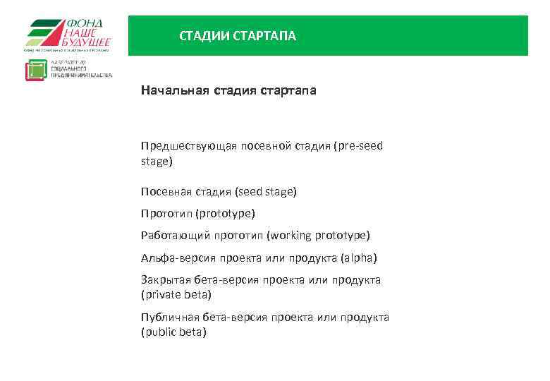 СТАДИИ СТАРТАПА Начальная стадия стартапа Предшествующая посевной стадия (pre-seed stage) Посевная стадия (seed stage)