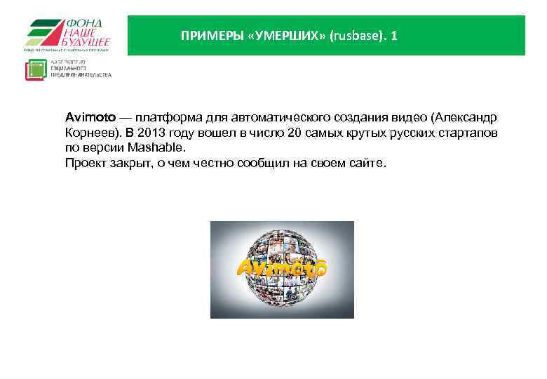 ПРИМЕРЫ «УМЕРШИХ» (rusbase). 1 Avimoto — платформа для автоматического создания видео (Александр Корнеев). В