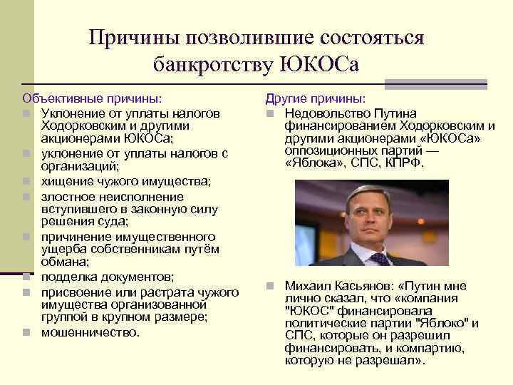 Причины позволившие состояться банкротству ЮКОСа Объективные причины: n Уклонение от уплаты налогов Ходорковским и