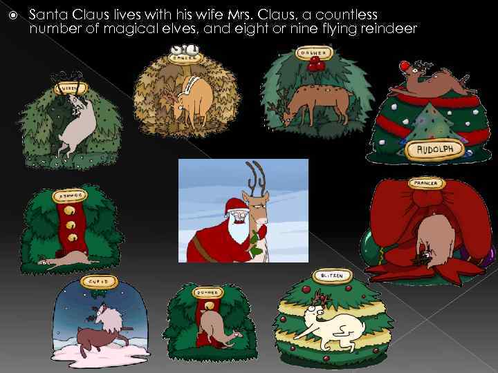  Santa Claus lives with his wife Mrs. Claus, a countless number of magical