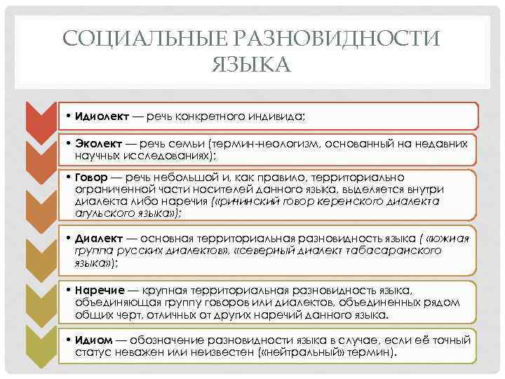 СОЦИАЛЬНЫЕ РАЗНОВИДНОСТИ ЯЗЫКА • Идиолект — речь конкретного индивида; • Эколект — речь семьи