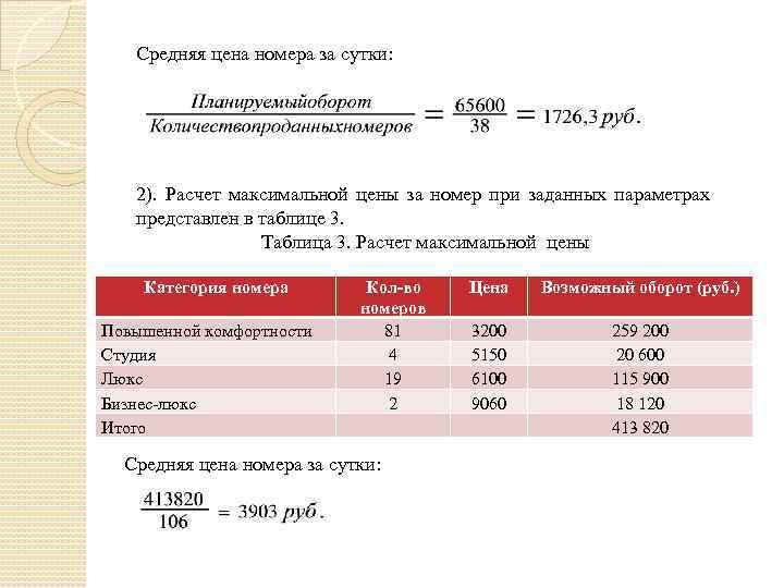 Средняя цена номера за сутки: 2). Расчет максимальной цены за номер при заданных параметрах