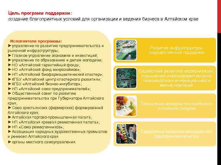 Цель программ поддержки: Цель создание благоприятных условий для организации и ведения бизнеса в Алтайском