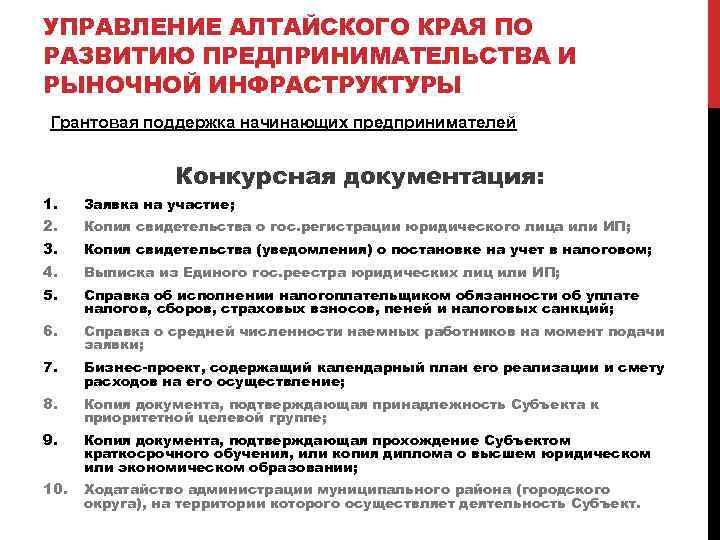 УПРАВЛЕНИЕ АЛТАЙСКОГО КРАЯ ПО РАЗВИТИЮ ПРЕДПРИНИМАТЕЛЬСТВА И РЫНОЧНОЙ ИНФРАСТРУКТУРЫ Грантовая поддержка начинающих предпринимателей Конкурсная