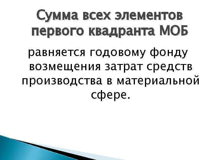 Сумма всех элементов первого квадранта МОБ равняется годовому фонду возмещения затрат средств производства в