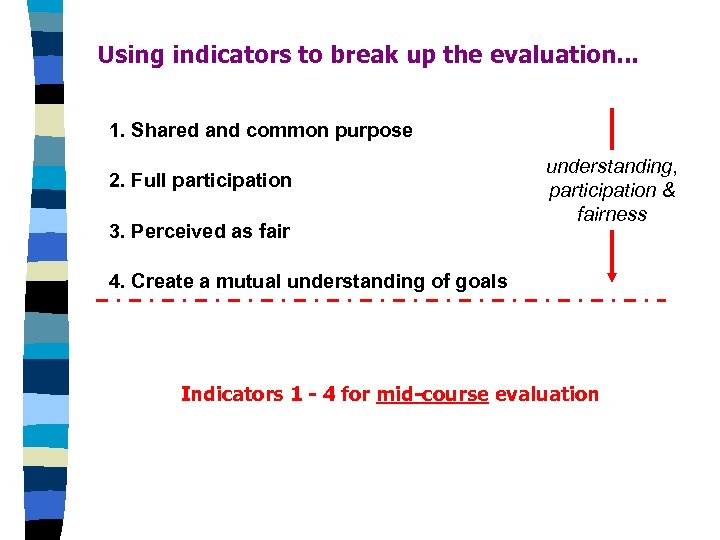 Using indicators to break up the evaluation. . . 1. Shared and common purpose