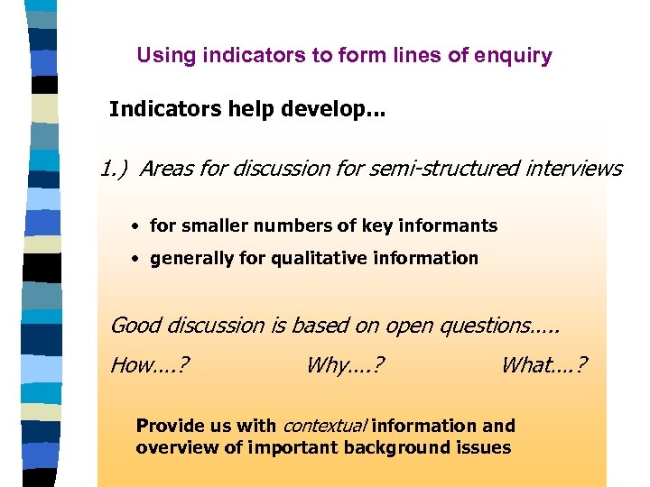 Using indicators to form lines of enquiry Indicators help develop. . . 1. )