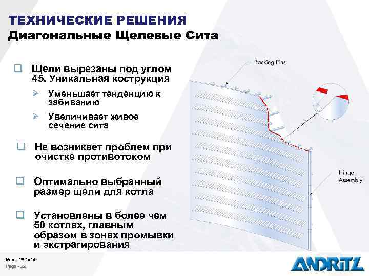 ТЕХНИЧЕСКИЕ РЕШЕНИЯ Диагональные Щелевые Сита q Щели вырезаны под углом 45. Уникальная кострукция Ø