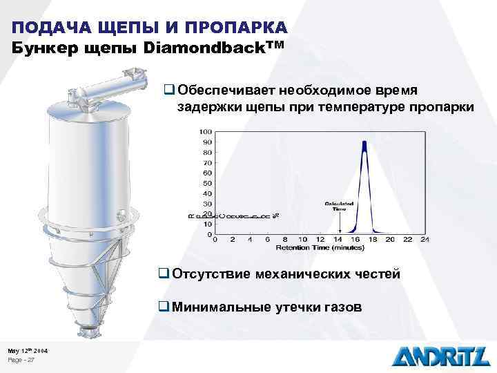 ПОДАЧА ЩЕПЫ И ПРОПАРКА Бункер щепы Diamondback. TM q Обеспечивает необходимое время задержки щепы