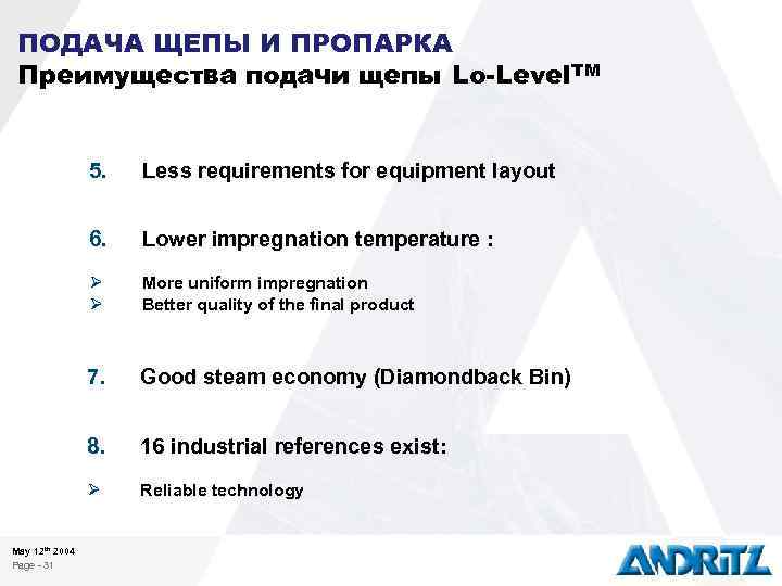 ПОДАЧА ЩЕПЫ И ПРОПАРКА Преимущества подачи щепы Lo-Level. TM 5. 6. Lower impregnation temperature