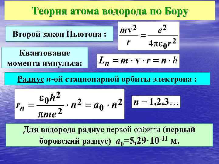 Теория атома водорода по Бору Второй закон Ньютона : Квантование момента импульса: Радиус n-ой