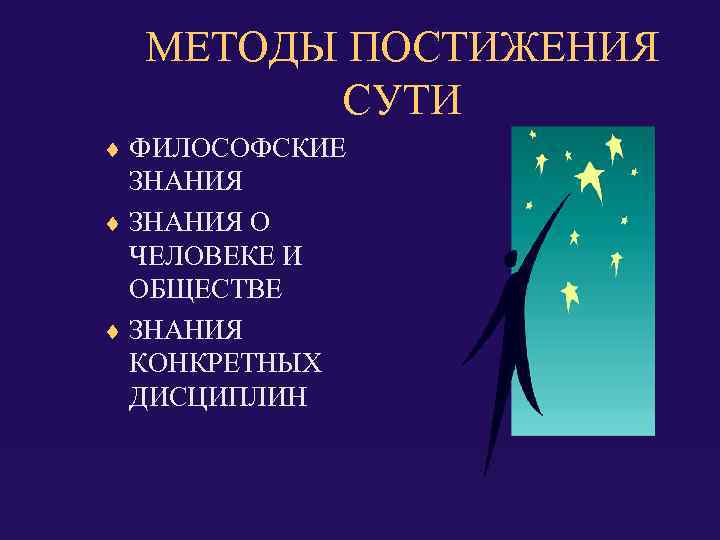МЕТОДЫ ПОСТИЖЕНИЯ СУТИ ФИЛОСОФСКИЕ ЗНАНИЯ О ЧЕЛОВЕКЕ И ОБЩЕСТВЕ ЗНАНИЯ КОНКРЕТНЫХ ДИСЦИПЛИН 