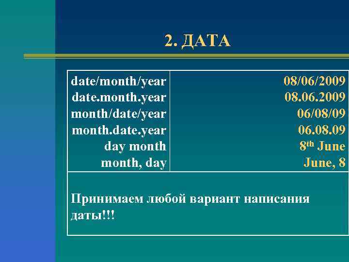 2. ДАТА date/month/year date. month. year month/date/year month. date. year day month, day 08/06/2009