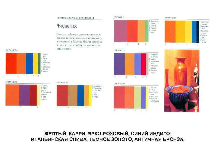 ЖЕЛТЫЙ, КАРРИ, ЯРКО-РОЗОВЫЙ, СИНИЙ ИНДИГО; ИТАЛЬЯНСКАЯ СЛИВА, ТЕМНОЕ ЗОЛОТО, АНТИЧНАЯ БРОНЗА. 