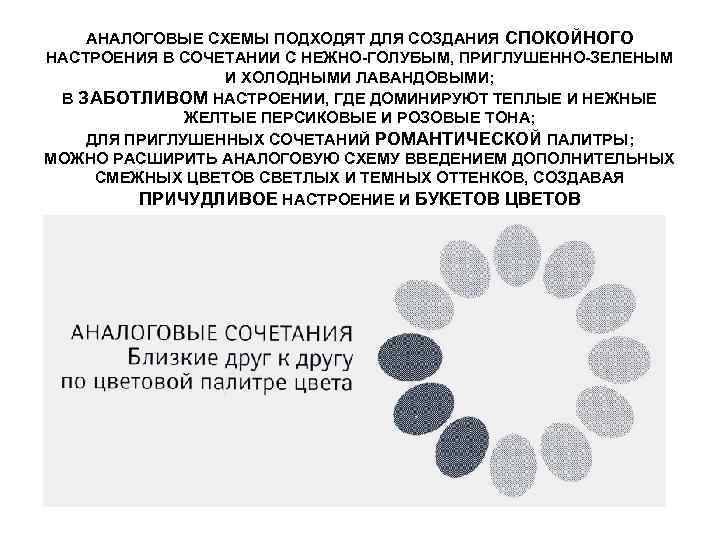 АНАЛОГОВЫЕ СХЕМЫ ПОДХОДЯТ ДЛЯ СОЗДАНИЯ СПОКОЙНОГО НАСТРОЕНИЯ В СОЧЕТАНИИ С НЕЖНО-ГОЛУБЫМ, ПРИГЛУШЕННО-ЗЕЛЕНЫМ И ХОЛОДНЫМИ