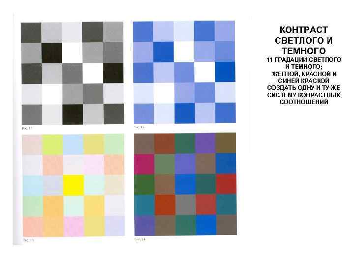 КОНТРАСТ СВЕТЛОГО И ТЕМНОГО 11 ГРАДАЦИИ СВЕТЛОГО И ТЕМНОГО; ЖЕЛТОЙ, КРАСНОЙ И СИНЕЙ КРАСКОЙ