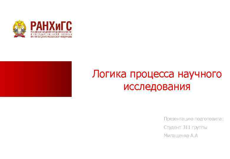 Логика процесса научного исследования Презентацию подготовила: Студент 311 группы Милащенко А. А 