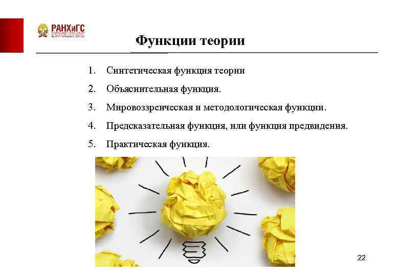 Функции теории 1. Синтетическая функция теории 2. Объяснительная функция. 3. Мировоззренческая и методологическая функции.