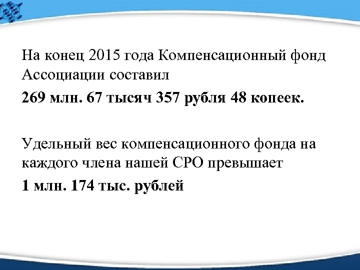На конец 2015 года Компенсационный фонд Ассоциации составил 269 млн. 67 тысяч 357 рубля