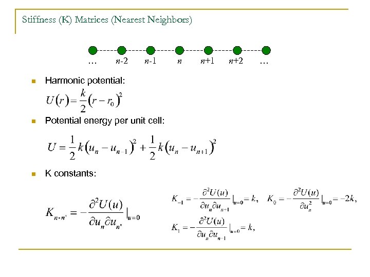 Stiffness (K) Matrices (Nearest Neighbors) … n-2 n-1 n Harmonic potential: n Potential energy