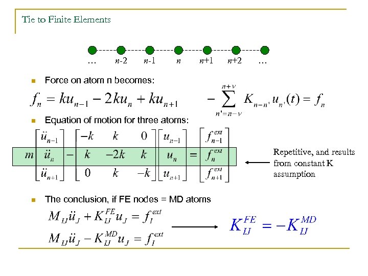 Tie to Finite Elements … n-2 n-1 n n n+2 … Force on atom