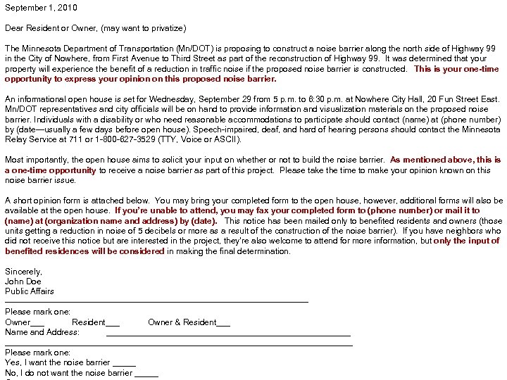 September 1, 2010 Dear Resident or Owner, (may want to privatize) The Minnesota Department
