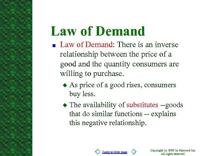 Law of Demand n Law of Demand: There is an inverse relationship between the