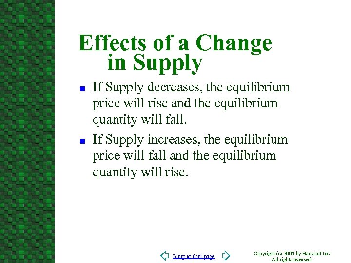 Effects of a Change in Supply n n If Supply decreases, the equilibrium price