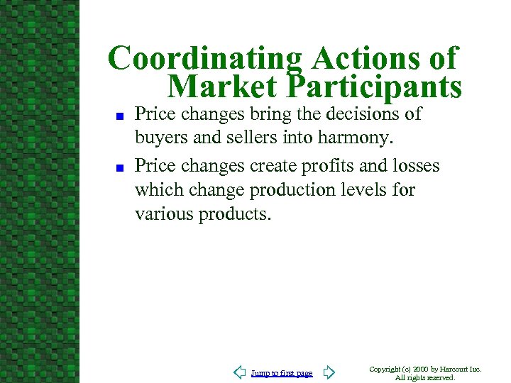 Coordinating Actions of Market Participants n n Price changes bring the decisions of buyers