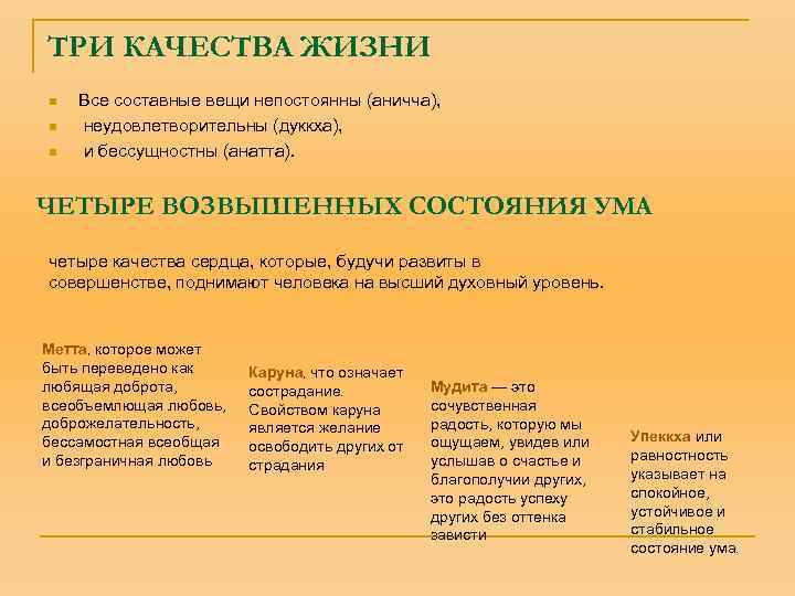ТРИ КАЧЕСТВА ЖИЗНИ n n n Все составные вещи непостоянны (аничча), неудовлетворительны (дуккха), и