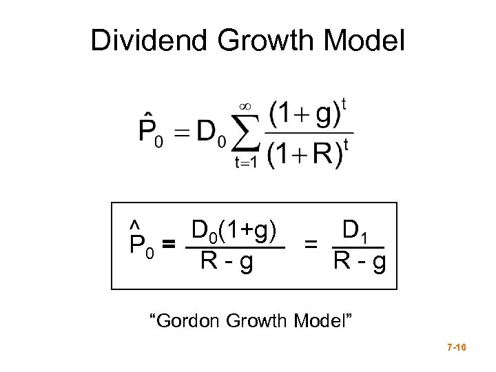 Dividend Growth Model ^ D 0(1+g) P 0 = R-g D 1 = R-g