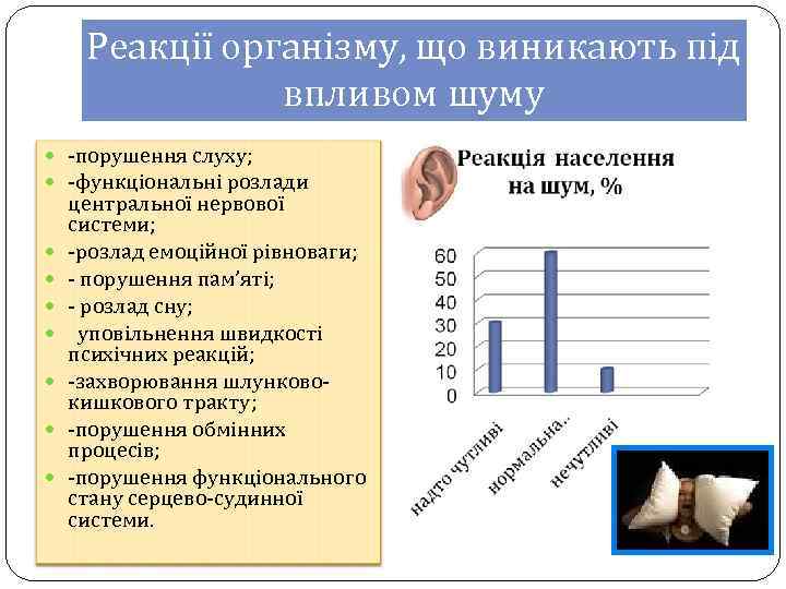 Реакції організму, що виникають під впливом шуму -порушення слуху; -функціональні розлади центральної нервової системи;