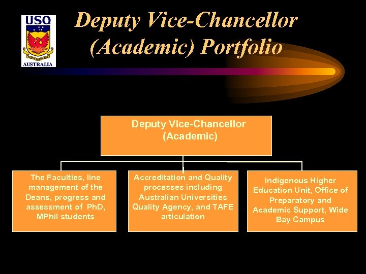 Deputy Vice-Chancellor (Academic) Portfolio Deputy Vice-Chancellor (Academic) The Faculties, line management of the Deans,