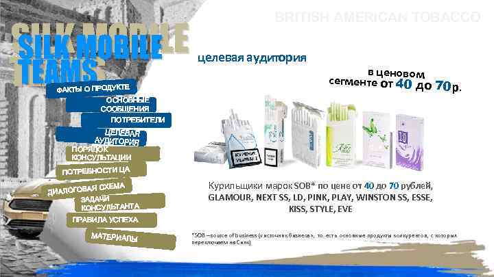 SILKMOBILE SILK MOBILE TEAMS ФАКТЫ О ПРОДУКТЕ ОСНОВНЫЕ СООБЩЕНИЯ BRITISH AMERICAN TOBACCO целевая аудитория