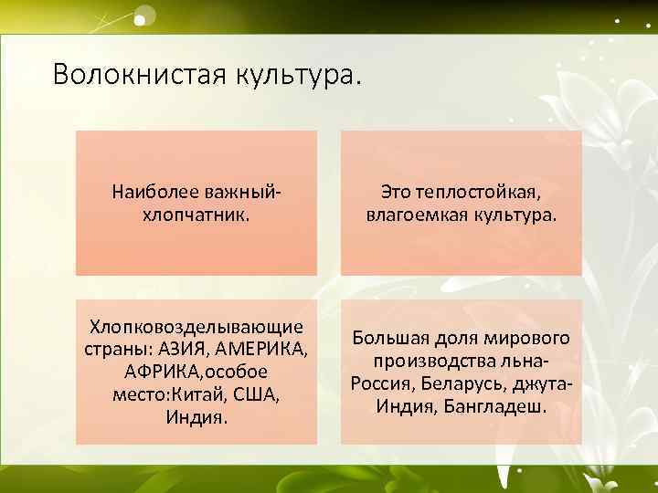 Волокнистая культура. Наиболее важныйхлопчатник. Это теплостойкая, влагоемкая культура. Хлопковозделывающие страны: АЗИЯ, АМЕРИКА, АФРИКА, особое