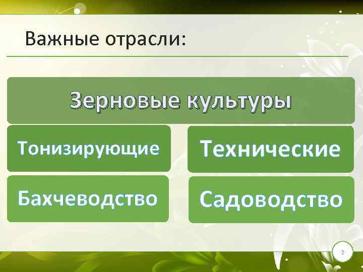 Важные отрасли: Зерновые культуры Тонизирующие Технические Бахчеводство Садоводство 2 