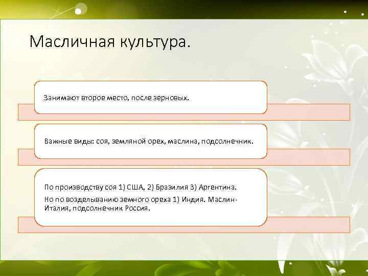 Масличная культура. Занимают второе место, после зерновых. Важные виды: соя, земляной орех, маслина, подсолнечник.