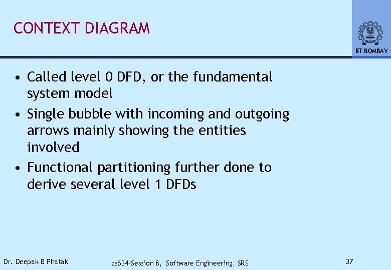 CONTEXT DIAGRAM IIT BOMBAY • Called level 0 DFD, or the fundamental system model
