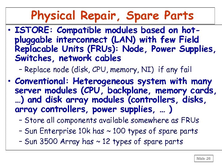 Physical Repair, Spare Parts • ISTORE: Compatible modules based on hotpluggable interconnect (LAN) with