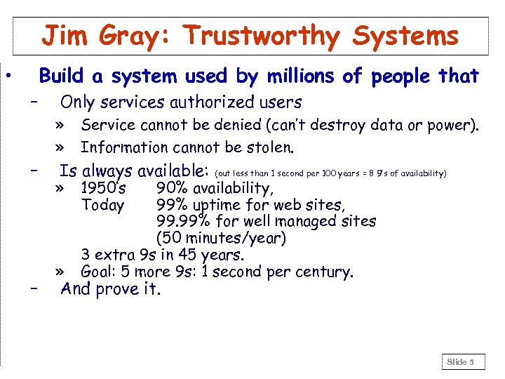 Jim Gray: Trustworthy Systems • Build a system used by millions of people that