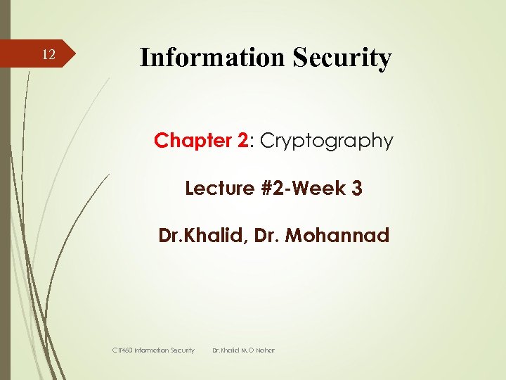 12 Information Security Chapter 2: Cryptography Lecture #2 -Week 3 Dr. Khalid, Dr. Mohannad