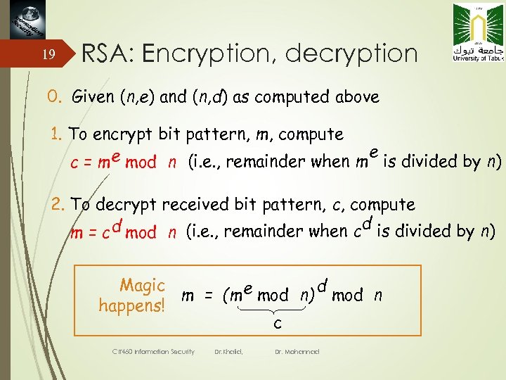 19 RSA: Encryption, decryption 0. Given (n, e) and (n, d) as computed above
