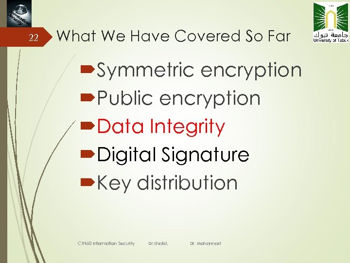 22 What We Have Covered So Far Symmetric encryption Public encryption Data Integrity Digital